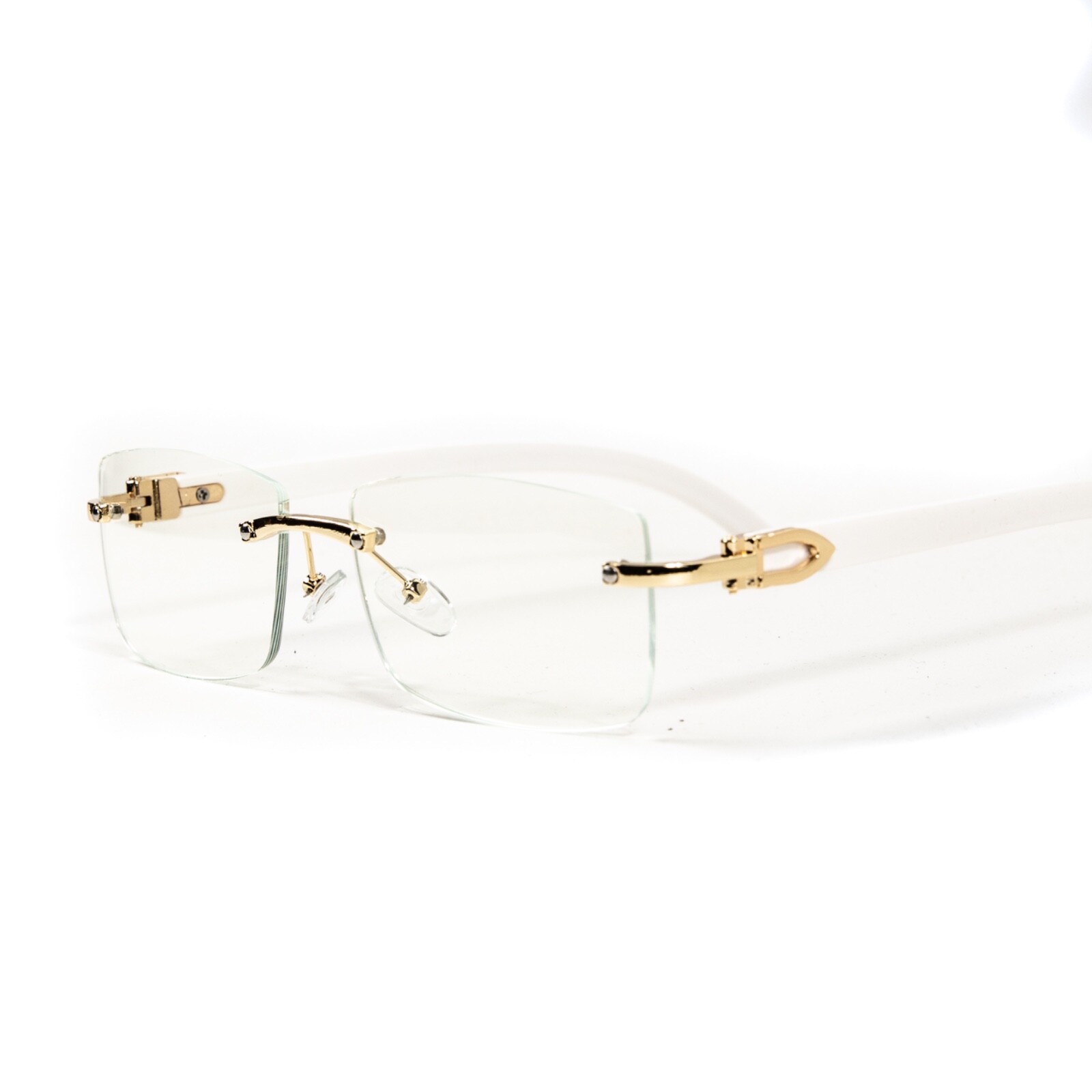 White Wood Grain Rimless Clear Lens Rectangular Gold Frame Clear Glasses