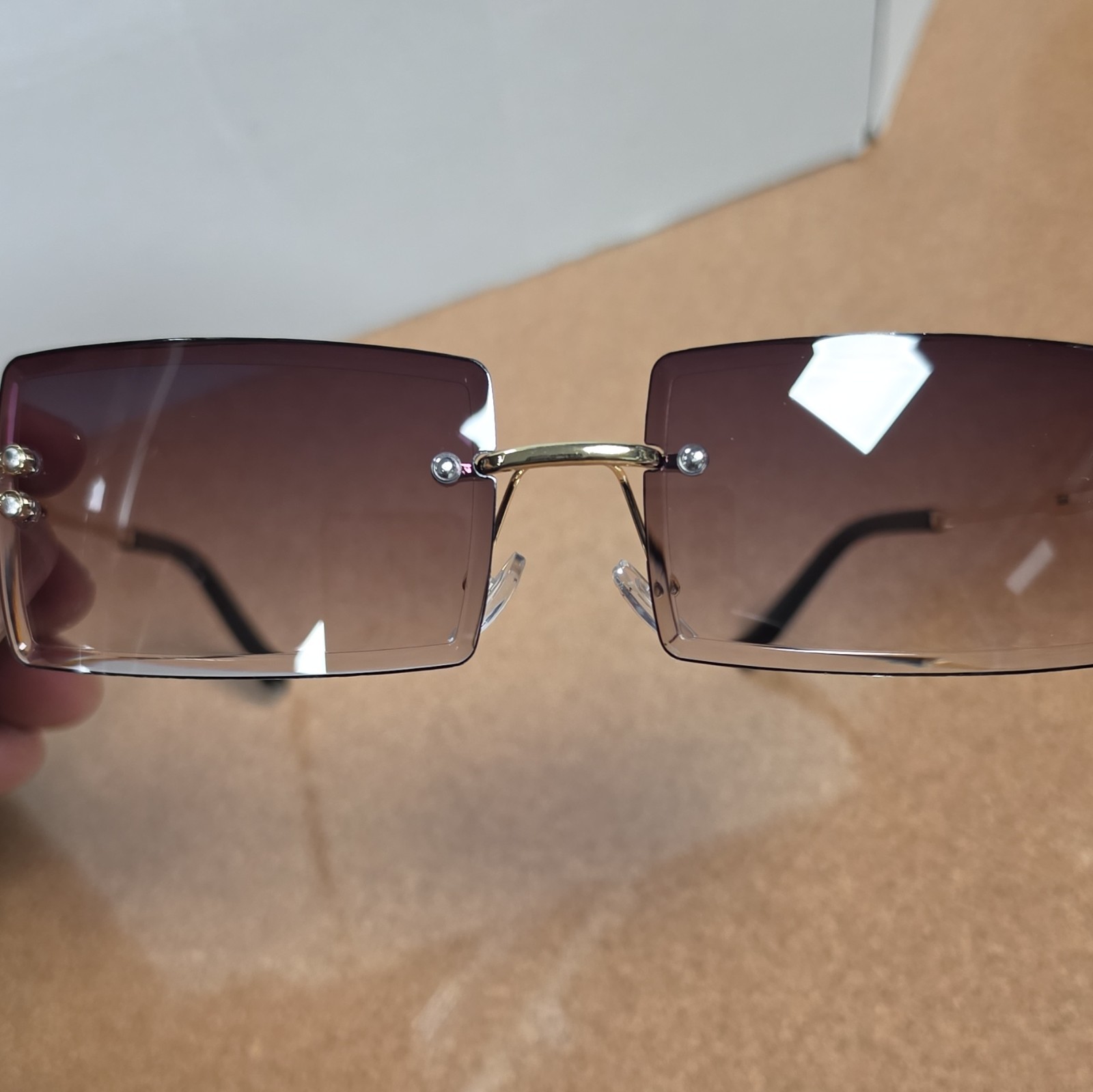 Rimless Rectangle Sunglasses Gold Metal Frame Brown Gradient Tinted Lenses