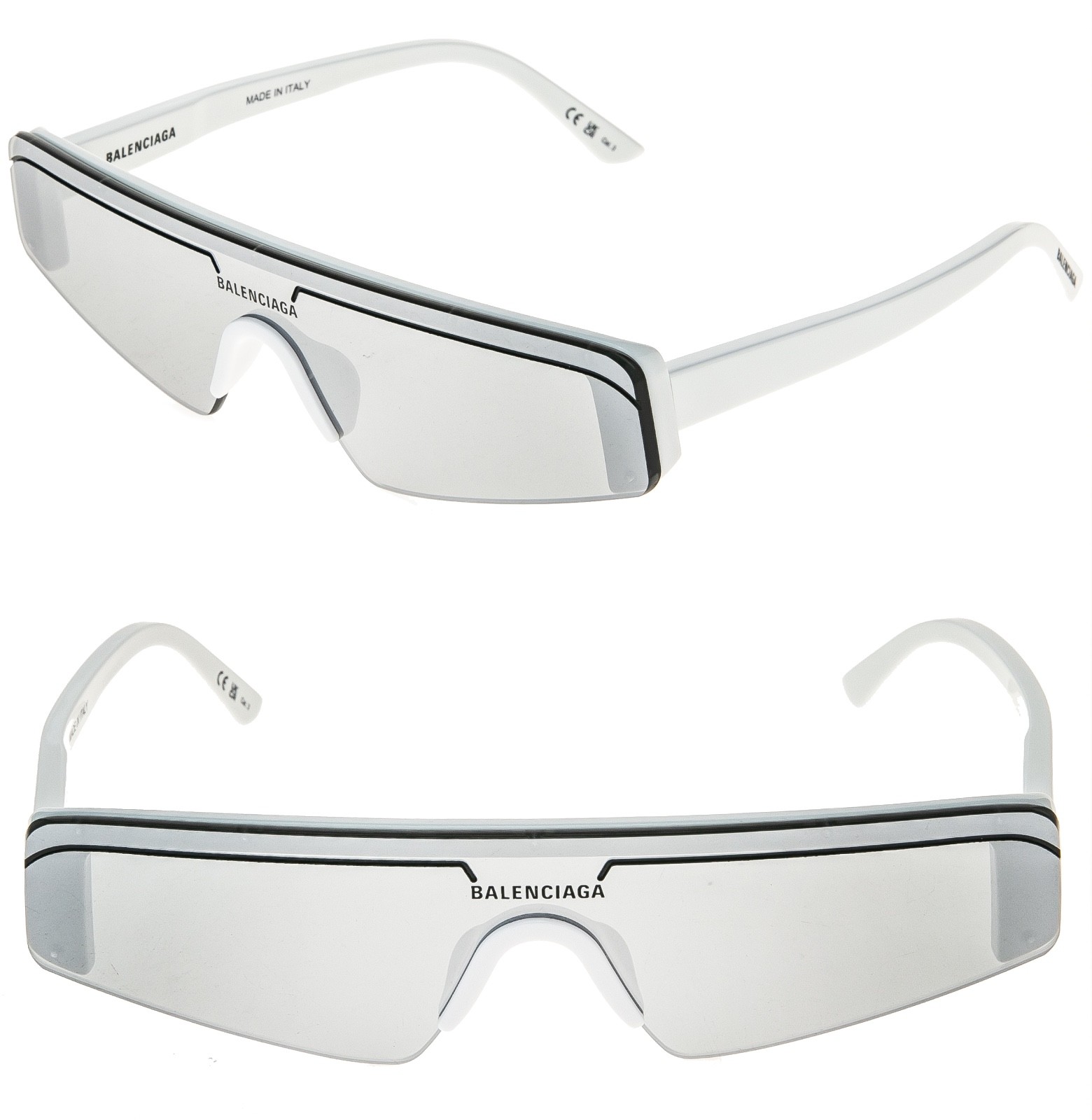 BALENCIAGA BB0003S SKI 0003 White Silver Mirrored Slim Fashion Shield Sunglasses