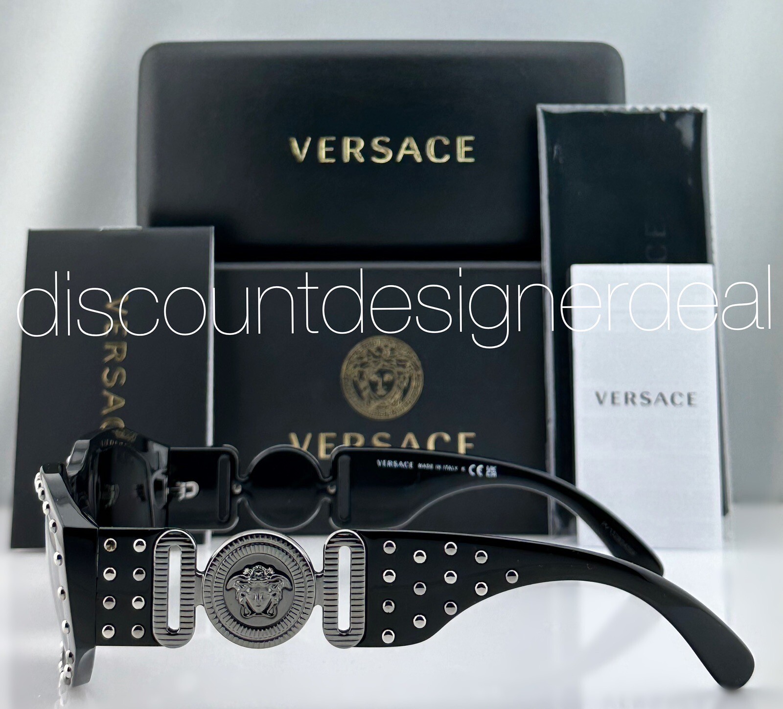Versace VE4361 5398/87 Geometric Sunglasses Black Studded Frame Gray Lens NEW