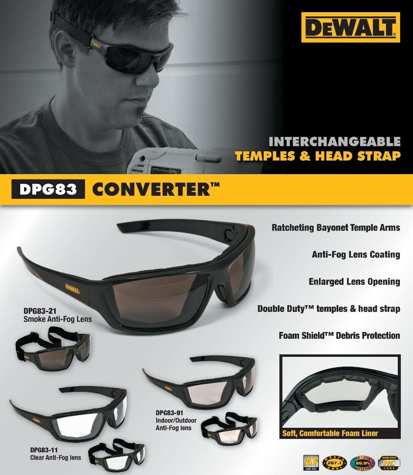 DeWalt Padded ANTI FOG Protective Safety Glasses UV ANSI Z87+ Sport Work Eyewear