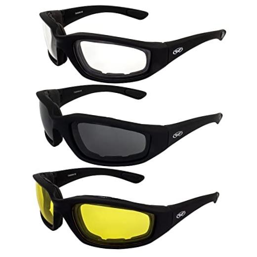 3 Pairs of Kickback Black Foam Padded Motorcycle Riding Sunglasses 1 Clear