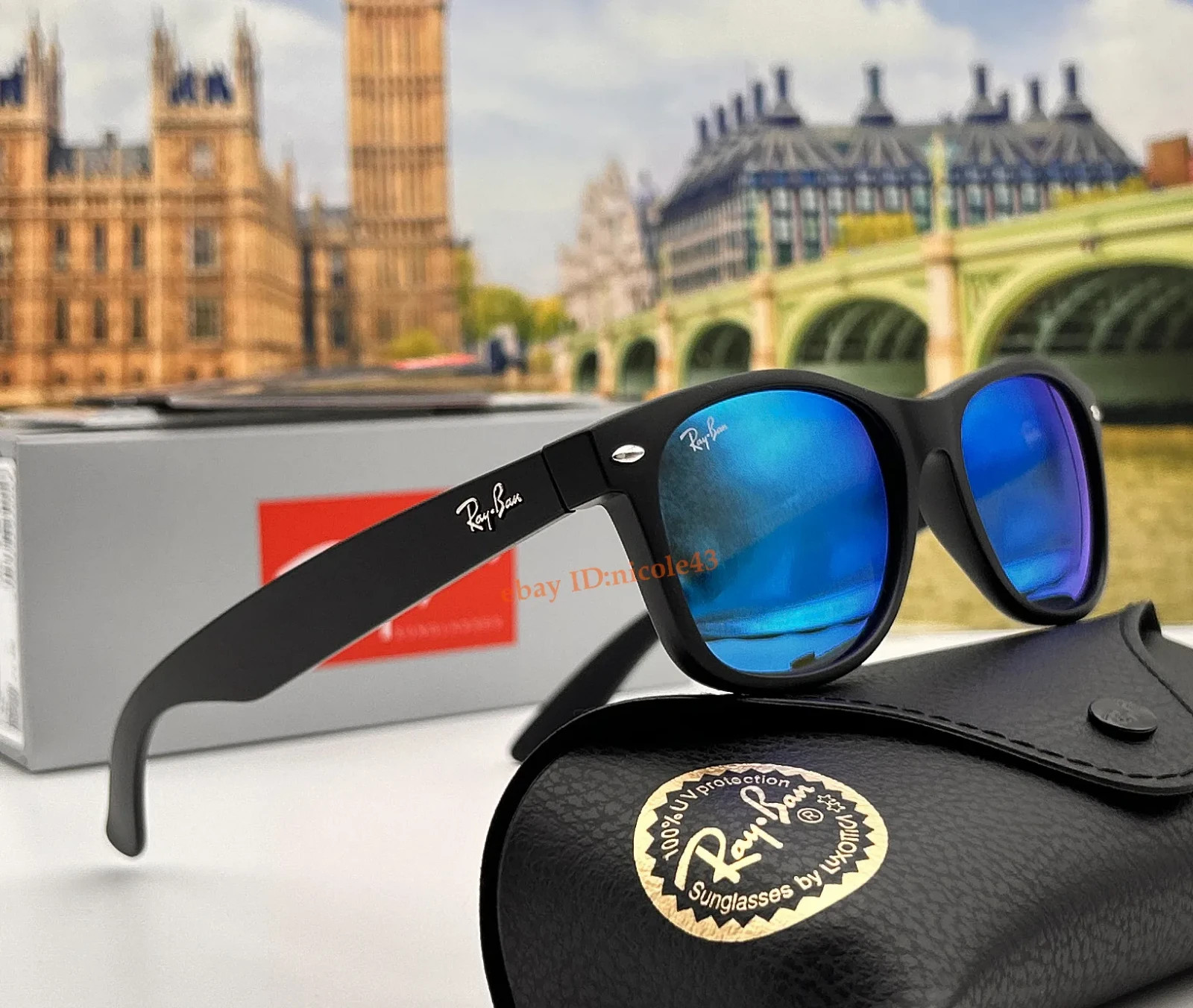 Ray-Ban RB2132 New Wayfarer Sunglasses Blue Flash Mirror Matte Black 55mm UV400