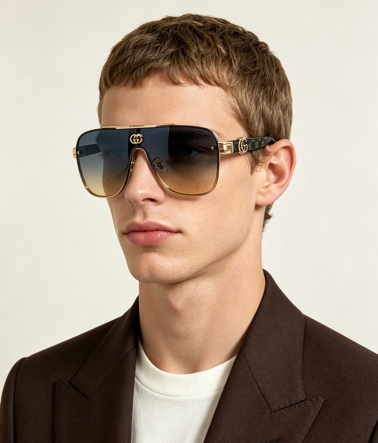 Gucci 1222 64-15-140 Gold Rim Shield Sunglasses