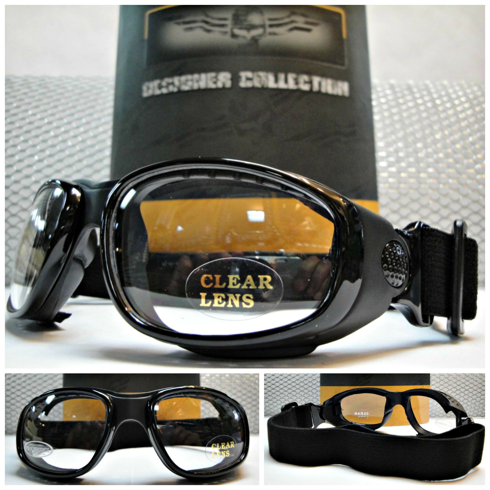 PADDED MOTORCYCLE RIDING GLASSES BIKER GOGGLES With Strap Black Frame Clear Lens