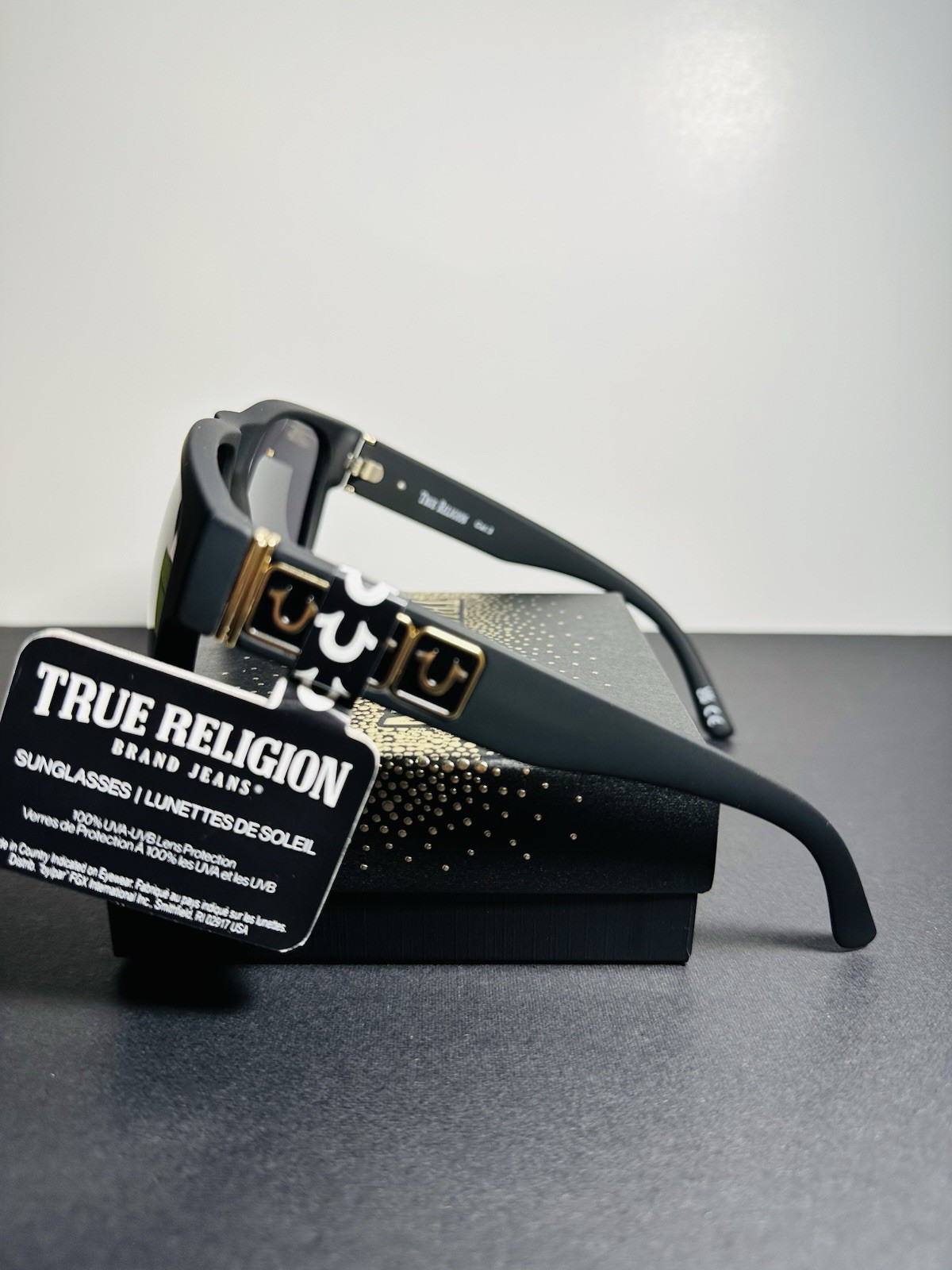 True Religion Matte Black Sunglasses UV400 Gold Logo New With Tag