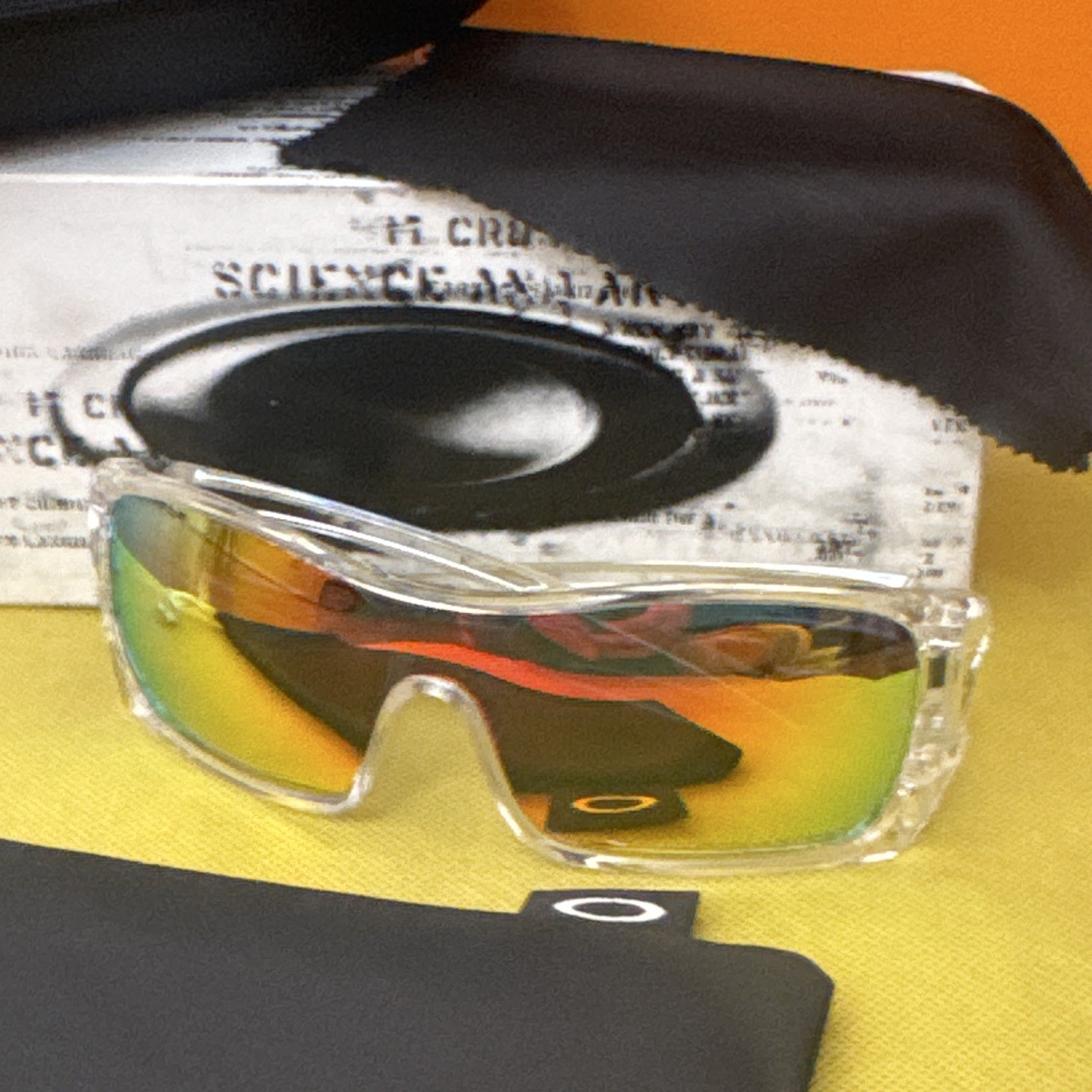 Oakley Men’s Wrap Shield Sunglasses Clear Frame Gold Mirrored Lens OO9101-07