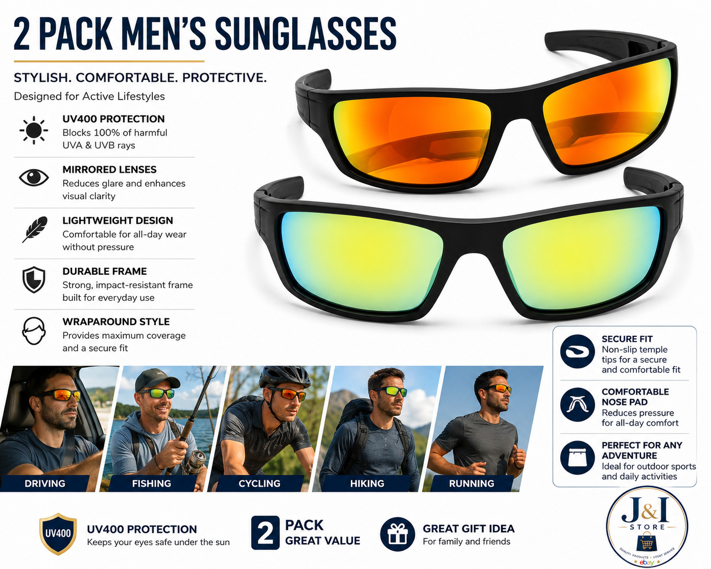 Premium Black Men’s 2 Pair Sunglasses with Mirror Lens