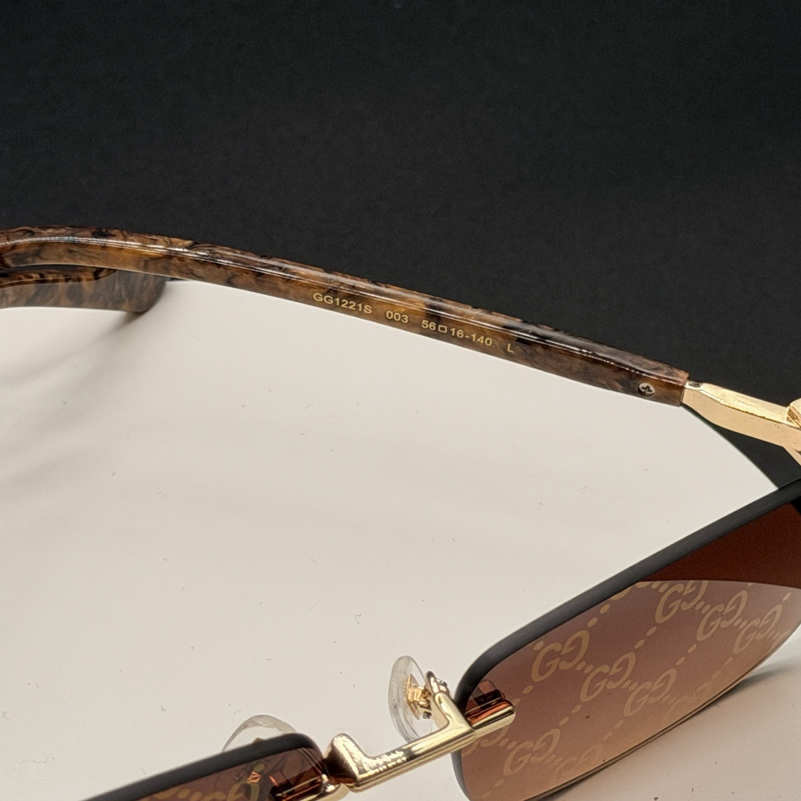 Gucci GG1221S 004 Rimless Sunglasses Brown Marble Gold Mirror Lens Ships Today
